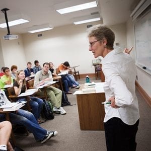 College classroom with professor and students