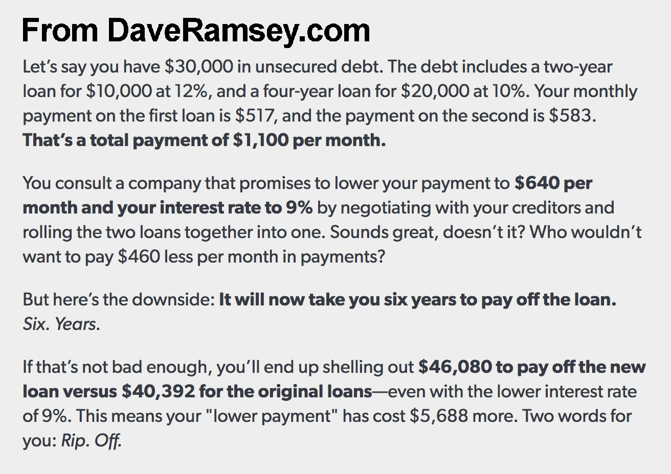 screenshot from Dave Ramsey.com showing math errors
