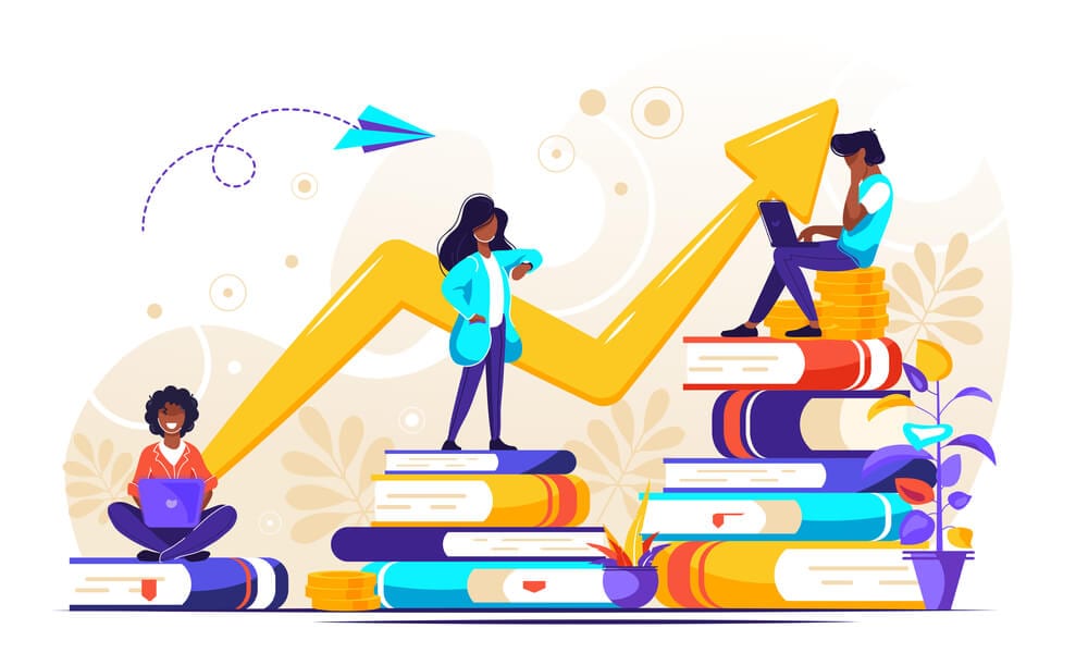 Illustration of 3 people standing atop of piles of books on laptops and looking at watch with growth arrow trending upwards in background