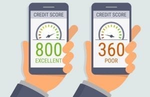 Vector hands holding smartphones with credit score app on the screen in flat style