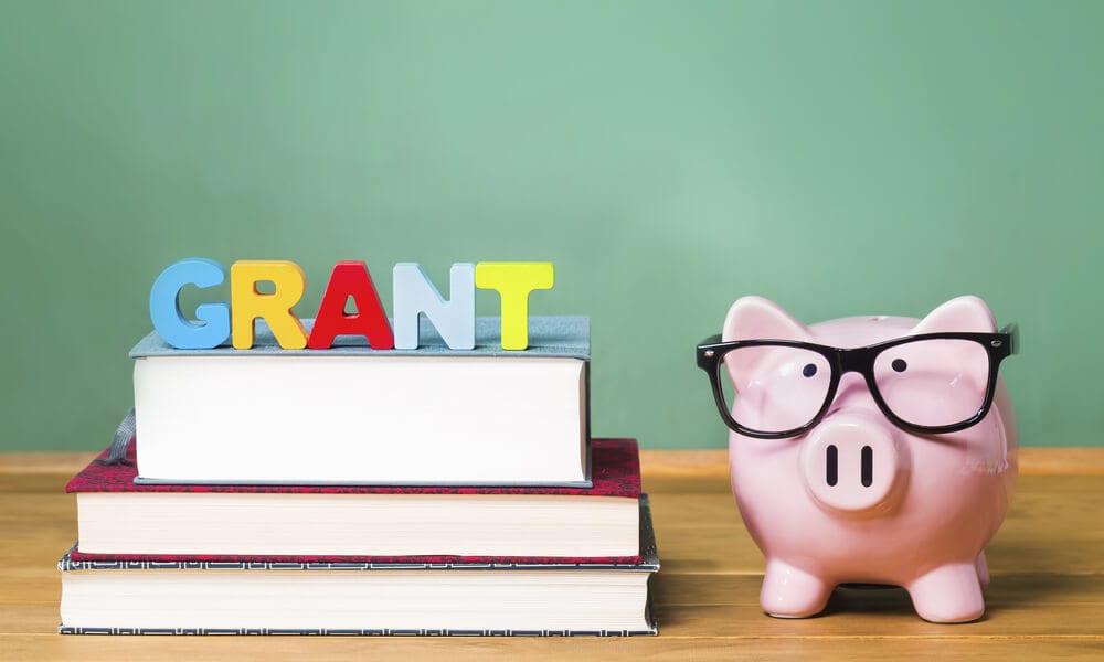 Educational grant theme with pink piggy bank with chalkboard in the background as concept image of the costs of education