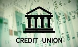 Building icon with "Credit Union" spelled under it with spreadsheet in background