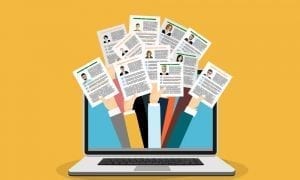 Illustration of job applicants shoving their resume through a laptop