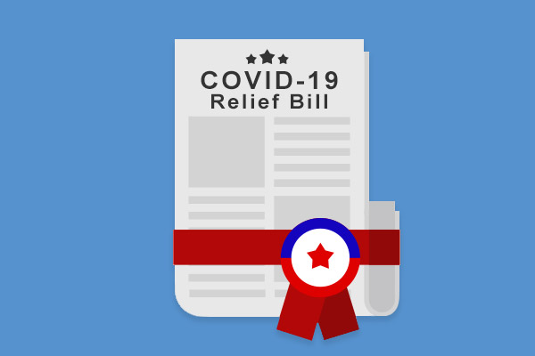 Image of newspaper titled Covid-19 Relief Bill with ribbon attached