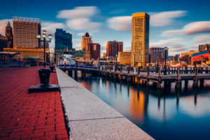 Skyline view of Baltimore, Maryland from the harbor