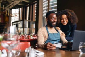 Picture of Restaurant owners using credit card online representing small business loan